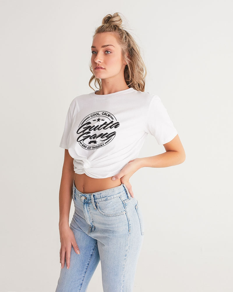 Gutta Gang Black logo Women's Twist-Front Cropped White Tee