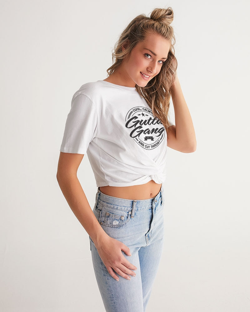 Gutta Gang Black logo Women's Twist-Front Cropped White Tee