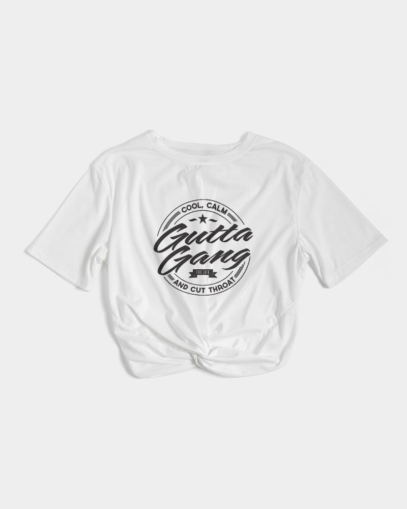 Gutta Gang Black logo Women's Twist-Front Cropped White Tee