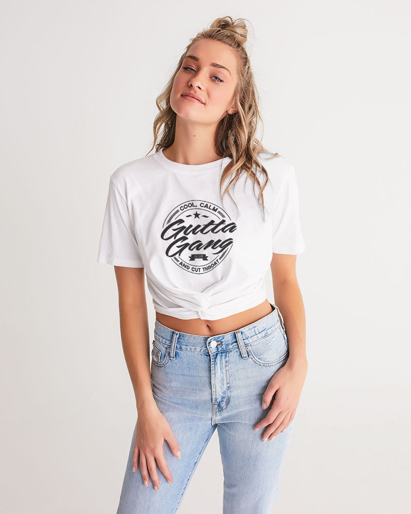 Gutta Gang Black logo Women's Twist-Front Cropped White Tee