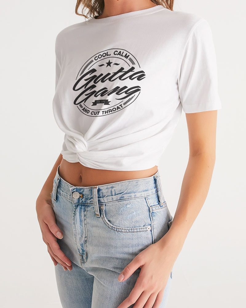 Gutta Gang Black logo Women's Twist-Front Cropped White Tee